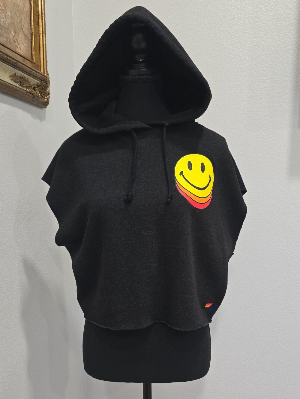 Aviator Nation Black Cropped Hooded Top with Yellow & Red Smile Graphic